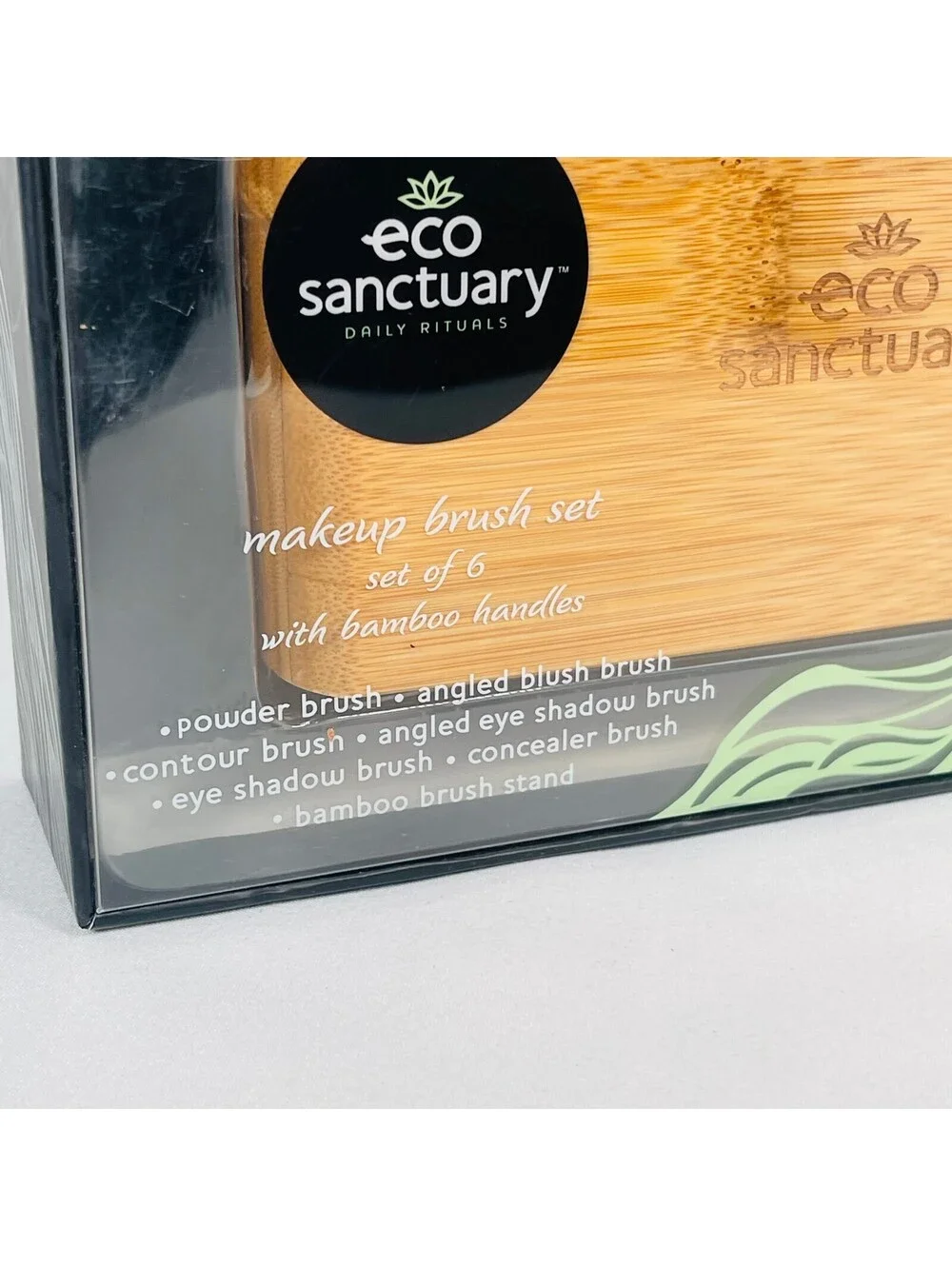 Eco Sanctuary 6 Pc Makeup Brush Set with Bamboo Handles & Wooden Stand New Box